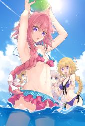 Rule 34 | 2boys, 2girls, alternate costume, androgynous, armpits, astolfo (fate), ball, beachball, bikini, bikini skirt, blonde hair, blue eyes, braid, breasts, chevalier d&#039;eon (fate), choker, cloud, cloudy sky, day, fate/apocrypha, fate/grand order, fate (series), front-tie top, hair between eyes, hair ribbon, hand on own cheek, hand on own face, highres, jeanne d&#039;arc (fate), jeanne d&#039;arc (ruler) (fate), kan&#039;yu (citron 82), long hair, looking at viewer, marie antoinette (fate), marie antoinette (fate/grand order), marie antoinette (swimsuit caster) (fate), marie antoinette (swimsuit caster) (second ascension) (fate), medium breasts, multiple boys, multiple girls, navel, ocean, one-piece swimsuit, open mouth, outdoors, outstretched hand, pink hair, purple bikini, purple eyes, ribbon, side-tie bikini bottom, side braid, sidelocks, single braid, sky, small breasts, standing, sun, sunlight, surprised, swimsuit, thighs, trap, tress ribbon, wading