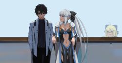 Rule 34 | 1boy, 2girls, against railing, ahoge, artoria caster (fate), artoria pendragon (fate), black dress, black hair, black pants, black ribbon, black shirt, blonde hair, blue choker, blue ribbon, blue trim, braid, buttons, choker, clothing cutout, dress, fate/grand order, fate (series), french braid, from outside, front-tie top, frown, fujimaru ritsuka (male), fujimaru ritsuka (male) (decisive battle chaldea uniform), green eyes, grey hair, hands in pockets, highres, jacket, jealous, leaning, looking at another, looking down, looking through window, morgan le fay (fate), multiple girls, navel cutout, pants, paperpillar, railing, ribbon, shirt, smile, standing, white jacket, window, windowsill