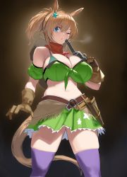 Rule 34 | 1girl, animal ears, armband, bare shoulders, belt, blue eyes, breasts, brown belt, brown gloves, brown hair, brown headwear, cleavage, colt single action army, crop top, curvy, front-tie top, gen (black factory), gloves, green armband, green skirt, gun, hair ornament, handgun, high ponytail, highres, holding, holding gun, holding weapon, holster, horse ears, large breasts, navel, one eye closed, open mouth, pistol, purple thighhighs, revolver, shirt, skirt, solo, star (symbol), star hair ornament, taiki shuttle (umamusume), thighhighs, tied shirt, umamusume, weapon