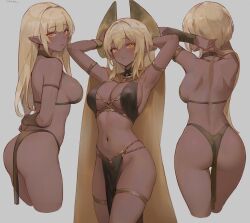 Rule 34 | 1girl, artist name, ass, blonde hair, blush, breasts, cape, chowbie, dark-skinned female, dark skin, elf, from behind, from side, large breasts, long hair, multiple views, navel, original, pelvic curtain, pointy ears, revealing clothes, solo, thigh strap, yellow cape, yellow eyes