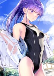Rule 34 | 1girl, black one-piece swimsuit, blue sky, breasts, chain-link fence, cloud, commentary request, covered navel, fence, highleg, highleg swimsuit, highres, kobayashi chisato, long hair, one-piece swimsuit, original, outdoors, ponytail, purple eyes, purple hair, shirt, sky, small breasts, solo, striped clothes, striped one-piece swimsuit, swimsuit, undressing, vertical-striped clothes, vertical-striped one-piece swimsuit, wet, wet clothes, wet shirt, white shirt