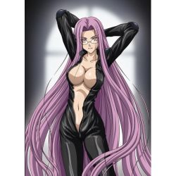 Rule 34 | 1girl, biker clothes, bikesuit, bodysuit, breasts, center opening, fate/stay night, fate (series), glasses, ishihara megumi, large breasts, long hair, medusa (fate), medusa (rider) (fate), navel, no bra, non-web source, open bodysuit, open clothes, perky breasts, purple eyes, purple hair, smile, solo, square pupils, unzipped, very long hair