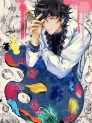 Rule 34 | 1boy, apple, black hair, blue period, braid, cherry, donaan, food, fruit, hashida haruka, highres, holding, holding paintbrush, long hair, long sleeves, male focus, paint, paintbrush, palette (object), pear, photo-referenced, ribbed shirt, shirt, solo, twin braids