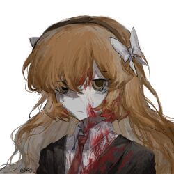 Rule 34 | 1girl, black jacket, blood, blood in hair, blood on clothes, blood on face, bow, brown hairband, collared shirt, expressionless, hair bow, hairband, highres, ishmael (project moon), jacket, limbus company, long hair, looking at viewer, necktie, orange eyes, orange hair, portrait, project moon, red necktie, shirt, shui fou, sidelocks, simple background, solo, very long hair, white background, white bow, white shirt