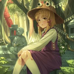 Rule 34 | 1girl, absurdres, blonde hair, blush, brown headwear, commentary request, dappled sunlight, day, feet out of frame, flower, forest, goback, hair ornament, hand on headwear, highres, huge filesize, kneehighs, leaf, long hair, long sleeves, looking afar, looking away, moriya suwako, nature, outdoors, parted bangs, parted lips, purple skirt, purple vest, rope, shirt, sidelocks, sitting, skirt, socks, solo, stairs, statue, stone lantern, sunlight, torii, touhou, tree, vest, white flower, white shirt, white socks, yellow eyes