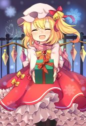 Rule 34 | 1girl, ascot, black thighhighs, blonde hair, blush, bow, brooch, commentary request, crystal, dress, dress bow, eyelashes, facing viewer, fang, flandre scarlet, frilled dress, frills, gate, gift, gradient background, heart, highres, holding, holding gift, jewelry, long sleeves, multicolored wings, one side up, open mouth, pink scarf, red bow, red dress, red ribbon, ribbon, ruhika, scarf, shirt, short hair, short hair with long locks, side ponytail, snowflakes, solo, spoken heart, standing, striped clothes, striped scarf, thighhighs, touhou, upper body, white shirt, white sleeves, wings, winter, yellow ascot, yellow bow
