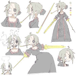 Rule 34 | 1girl, absurdres, amputee, arm blade, bags under eyes, black dress, blowing smoke, bun cover, character sheet, clenched teeth, dress, eyepatch, female focus, flat color, grin, hair bun, highres, masikakuma, original, pale color, prosthesis, prosthetic weapon, scar, scar on face, simple background, single hair bun, smile, smoke, smoking, smoking pipe, solo, teeth, weapon, white background
