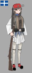 Rule 34 | 1girl, absurdres, breasts, brown eyes, brown hair, closed mouth, earrings, fez hat, frown, full body, grey background, gun, hearts of iron, highres, holding, holding gun, holding weapon, jewelry, kaiserreich, long hair, looking at viewer, medium breasts, military, original, pantyhose, pzkpfwi, rifle, sidelocks, simple background, skirt, solo, weapon, white pantyhose, white skirt