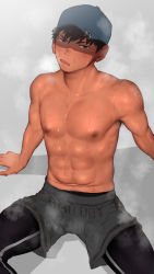 Rule 34 | 1boy, absurdres, baseball cap, black hair, grey shorts, hat, highres, looking at viewer, male focus, nipples, open mouth, original, pectorals, shiba yuuji, short hair, shorts, sitting, solo, sweat, sweatdrop, toned, toned male, topless male