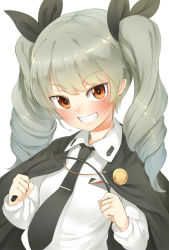 Rule 34 | 10s, 1girl, anchovy (girls und panzer), brown eyes, cape, drill hair, girls und panzer, grin, hair ribbon, long hair, long sleeves, looking at viewer, necktie, nishiuri, ribbon, riding crop, shirt, silver hair, smile, solo, twin drills, twintails, upper body
