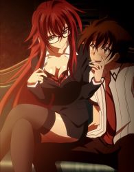 Rule 34 | 10s, 1boy, 1girl, absurdres, blue eyes, bra, breasts, cleavage, glasses, gradient background, high school dxd, highres, hyoudou issei, large breasts, lipstick, long hair, makeup, red hair, rias gremory, sitting, stitched, third-party edit, underwear