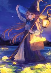Rule 34 | 1girl, azuazu 0405, basket, flower, hat, highres, lamp, looking at viewer, lotus, mountain, night, original, sky, solo, staff, star (sky), starry sky, wading, witch, witch hat