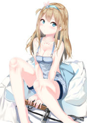 Rule 34 | 1girl, :o, absurdres, bare shoulders, barefoot, blue eyes, blush, breasts, brown hair, cleavage, collarbone, gatari, girls&#039; frontline, gun, hair ornament, hairband, highres, long hair, looking at viewer, medium breasts, naked overalls, overalls, sideboob, sitting, snowflake hair ornament, solo, suomi (girls&#039; frontline), v arms, weapon