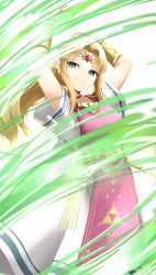 Rule 34 | 1girl, absurdres, blonde hair, blue eyes, blush, dress, earrings, fingerless gloves, gloves, gown, hair ornament, highres, jewelry, long hair, looking at viewer, magic, nintendo, pointy ears, princess zelda, skeptycally, smile, solo, super smash bros., the legend of zelda, the legend of zelda: a link between worlds, tiara, triforce, wind