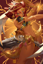 Rule 34 | 1girl, armlet, arms up, circlet, commentary, covered mouth, dangle earrings, dark-skinned female, dark skin, dual wielding, earrings, english commentary, fighting stance, gerudo, gold belt, green eyes, hair ornament, hair stick, highres, holding, holding sword, holding weapon, jewelry, lightning, looking at viewer, microskirt, midriff, navel, nintendo, paid reward available, poch4n, pointy ears, red hair, revealing clothes, riju, scimitar, sheath, short hair, skirt, solo, sword, the legend of zelda, the legend of zelda: breath of the wild, the legend of zelda: tears of the kingdom, thick eyebrows, weapon