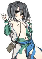 Rule 34 | 1girl, artist request, bag, blush, braid, brown eyes, detached sleeves, female focus, fingerless gloves, flat chest, gloves, grey hair, hair ribbon, japanese clothes, looking at viewer, navel, nipples, no bra, no panties, oda nobuna no yabou, ofuda, open clothes, pussy, ribbon, ribbon-trimmed sleeves, ribbon trim, short hair, short twintails, shoulder bag, simple background, solo, sweat, takenaka hanbee (oda nobuna no yabou), tears, twintails, uncensored, white background