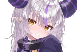 Rule 34 | 1girl, ascot, braid, coat, demon horns, french braid, hair between eyes, hair over eyes, head tilt, hololive, holox, horns, la+ darknesss, long hair, long sleeves, looking at viewer, multicolored hair, pointy ears, portrait, purple coat, purple hair, silver hair, simple background, single braid, sleeves past fingers, sleeves past wrists, smile, solo, streaked hair, striped horns, suzuka pen, teeth, two-tone hair, virtual youtuber, white background, yellow ascot, yellow eyes