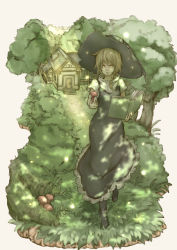 Rule 34 | 1girl, absurdres, adapted costume, black footwear, black skirt, black vest, blonde hair, book, boots, braid, dappled sunlight, flat chest, forest, hat, highres, kirisame marisa, long hair, mushroom, nagi (xx001122), nature, open book, parted lips, reading, shirt, short sleeves, simple background, single braid, skirt, skirt set, solo, stairs, sunlight, touhou, tree, vest, walking, white shirt, witch hat, yellow eyes