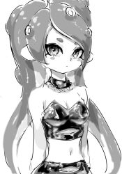 Rule 34 | 1girl, bare shoulders, breasts, choker, cleavage, crop top, highres, koharu2.5, long hair, medium breasts, monochrome, navel, nintendo, octoling, octoling girl, octoling player character, simple background, solo, splatoon (series), strapless, suction cups, tentacle hair, very long hair, white background