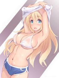 Rule 34 | 10s, 1girl, armpits, arms up, atago (kancolle), bikini, blonde hair, blush, breasts, cleavage, dolphin shorts, green eyes, highres, kantai collection, large breasts, long hair, looking at viewer, micro shorts, navel, open mouth, shiny skin, shorts, skindentation, solo, stomach, strap gap, sweat, swimsuit, undressing, wa (genryusui)