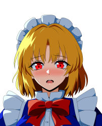 Rule 34 | 1girl, absurdres, blonde hair, blue dress, blush, bow, bowtie, collared dress, crying, dress, frilled dress, frills, highres, maid, maid headdress, mugetsu (touhou), nose blush, open mouth, red bow, red bowtie, red eyes, short hair, simple background, solo, ssaf52913778, sweatdrop, touhou, touhou (pc-98), white background