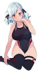 Rule 34 | 1girl, aiuti, black one-piece swimsuit, black thighhighs, breasts, collarbone, competition swimsuit, girls&#039; frontline, hair ribbon, highleg, highleg swimsuit, highres, large breasts, looking at viewer, one-piece swimsuit, red eyes, ribbon, short hair, silver hair, simple background, sitting, solo, spas-12 (girls&#039; frontline), swimsuit, thighhighs, white background, yokozuwari