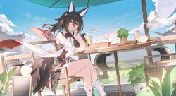 Rule 34 | 1girl, :d, animal, animal ear fluff, animal ears, bare shoulders, bird, black hair, blue sky, boots, breasts, chair, cloud, commentary request, crossed legs, day, feet out of frame, fox, fox ears, fox girl, fox tail, green eyes, hair ornament, hand up, highres, honkai: star rail, honkai (series), large breasts, long hair, looking at viewer, on chair, open mouth, outdoors, plant, ponytail, sky, smile, solo, sye-, table, tail, tingyun (honkai: star rail), white footwear