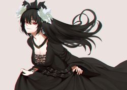 Rule 34 | 1girl, black dress, black hair, black hairband, breasts, cleavage, dcoagt, dress, flower, hair between eyes, hair flower, hair ornament, hairband, highres, large breasts, leaning forward, long dress, long hair, looking at viewer, miracle tou, parted lips, pink background, plunging neckline, rance (series), rance 10, red eyes, simple background, skirt hold, smile, solo, very long hair, white flower