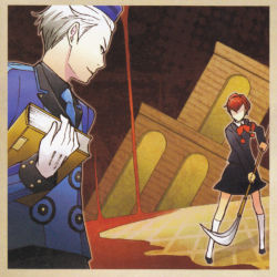 Rule 34 | 1boy, 1girl, artist request, book, brown hair, gloves, persona, persona 3, persona 3 portable, weapon, white hair