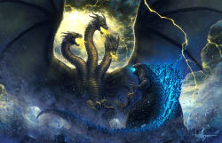 Rule 34 | 2others, apocalypse, artist name, battle, breath weapon, breathing lightning, claws, cloud, dark clouds, day, debris, electricity, fangs, glowing, glowing eyes, glowing mouth, godzilla, godzilla: king of the monsters, godzilla (monsterverse), godzilla (series), horns, kaijuu, king ghidorah, king ghidorah (monsterverse), legendary pictures, looking at another, monster, monsterverse, multiple heads, multiple others, open mouth, outdoors, scales, spines, storm, storm cloud, sunlight, tail, tatsuya (atelier road), toho, wings