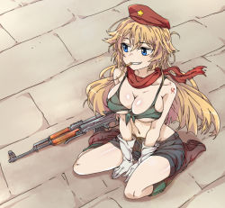 Rule 34 | 1girl, ak-47, ak-47 (girls&#039; frontline), akm, akms, assault rifle, beret, bikini, black shorts, blonde hair, blue eyes, boots, breasts, bullet, commentary, front-tie bikini top, front-tie top, girls&#039; frontline, green bikini, grin, gun, hammer and sickle, hammer and sickle tattoo, hat, kalashnikov rifle, kneeling, korean commentary, large breasts, long hair, looking to the side, mouth hold, navel, red hat, red scarf, rifle, scarf, shorts, sidarim, sitting, smile, solo, star (symbol), swimsuit, teeth, weapon