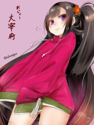 Rule 34 | 1girl, akino shuu, black hair, blush, brown background, brown flower, character request, closed mouth, commentary request, drawstring, flower, gluteal fold, hair flower, hair ornament, hood, hood down, hoodie, long hair, long sleeves, one side up, oshiro project:re, oshiro project:re, purple hoodie, short eyebrows, simple background, sleeves past fingers, sleeves past wrists, smile, solo, thick eyebrows, translation request, twitter username, v-shaped eyebrows, very long hair