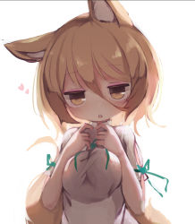 Rule 34 | 1girl, animal ears, breasts, breasts squeezed together, brown eyes, brown hair, chii (tsumami tsumamare), fox ears, fox tail, hair between eyes, heart, highres, kudamaki tsukasa, looking at viewer, open mouth, romper, short sleeves, simple background, solo, tail, touhou, upper body, white background