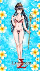 Rule 34 | 1girl, barefoot, black hair, bra, breasts, collarbone, copyright notice, drop shadow, earrings, flower, glint, gold, grey eyes, highres, holding, holding staff, jessica (langrisser), jewelry, lace, lace-trimmed bra, lace-trimmed panties, lace trim, langrisser, langrisser mobile, logo, long hair, looking at viewer, medium breasts, navel, official art, panties, photoshop (medium), pink bra, pink panties, shiny skin, smile, solo, sparkle, staff, standing, strapless, strapless bra, string panties, underwear, urushihara satoshi