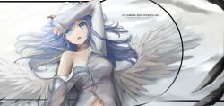 Rule 34 | 1girl, blue eyes, blue hair, breasts, choker, feathered wings, highres, horns, long hair, lying, medium breasts, multicolored hair, navel, on back, open mouth, original, solo, streaked hair, two-tone hair, upper body, wangchuan de quanyan, wings