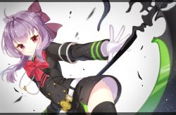 Rule 34 | 10s, 1girl, ahoge, armlet, belt, black thighhighs, blush, bow, bowtie, braid, buttons, dutch angle, french braid, gloves, hair bow, head tilt, highres, hiiragi shinoa, holding, holding weapon, jimmy madomagi, letterboxed, lips, owari no seraph, pink eyes, purple bow, red bow, red bowtie, scythe, short hair, sidelocks, simple background, smile, solo, standing, thighhighs, uniform, weapon, white background, white gloves, zettai ryouiki