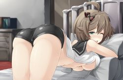 Rule 34 | 1girl, akazukin (mary skelter), ass, blush, breasts, brown hair, from behind, gene (gear gene), green eyes, hair between eyes, hair ornament, large breasts, looking at viewer, mary skelter, one eye closed, open mouth, short hair, solo, underboob