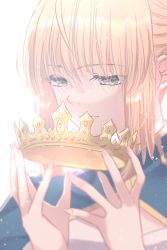 Rule 34 | 1girl, ahoge, artoria pendragon (all), artoria pendragon (fate), backlighting, blonde hair, crown, unworn crown, dress, fate/stay night, fate (series), green eyes, highres, holding, holding crown, long hair, ribbon, roku (ntbr fate), saber (fate), solo, upper body, white background