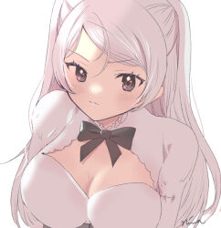 Rule 34 | 1girl, black bow, black bowtie, bow, bowtie, breasts, brown eyes, cleavage, clothing cutout, conte di cavour (kancolle), dress, grey hair, kantai collection, large breasts, long hair, long sleeves, niwa (niwa71065), one-hour drawing challenge, simple background, solo, two side up, upper body, white background, white dress