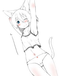 Rule 34 | 1girl, animal ears, armpits, arms up, blue eyes, blush, body blush, camisole, cat ears, cat tail, cowboy shot, graphite (medium), groin, majima yuki, mixed media, monochrome, navel, no pants, one eye closed, original, panties, sketch, solo, spot color, stretching, tail, tears, traditional media, underwear, wink