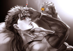 Rule 34 | 1boy, biceps, bracelet, cigarette, closed mouth, collarbone, cu chulainn (fate), cu chulainn (caster) (fate), earrings, elbow gloves, fate/grand order, fate (series), fingerless gloves, from side, gloves, jewelry, kim yura (goddess mechanic), cu chulainn (fate/stay night), long hair, lying, male focus, muscular, muscular male, on back, runes, skin tight, smoke, smoking, solo, spiked hair, stone, tank top, touching forehead
