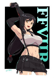Rule 34 | 1girl, :d, absurdres, armpits, arms up, bare shoulders, bike shorts under skirt, black background, black hair, black skirt, black sports bra, breasts, brown eyes, collarbone, commentary request, copyright name, cowboy shot, crop top, earrings, elbow gloves, final fantasy, final fantasy vii, final fantasy vii remake, fingerless gloves, gauntlets, gloves, groin, hair between eyes, highres, jewelry, large breasts, long hair, looking at viewer, low-tied long hair, midriff, navel, open mouth, pleated skirt, shirt, sidelocks, signature, skirt, smile, solo, sports bra, square enix, standing, suspender skirt, suspenders, tank top, taut clothes, taut shirt, tifa lockhart, toned, white background, white tank top, yoshitake maki
