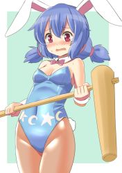 Rule 34 | 1girl, animal ears, bare shoulders, blue hair, blush, bow, bowtie, breasts, brown pantyhose, cleavage, cowboy shot, embarrassed, highleg, highleg leotard, kine, leotard, low twintails, mallet, multi-tied hair, open mouth, pantyhose, playboy bunny, rabbit ears, rabbit girl, rabbit tail, red eyes, seiran (touhou), shimouki izui, short twintails, small breasts, solo, tail, tears, thighs, touhou, twintails, wavy mouth, wrist cuffs