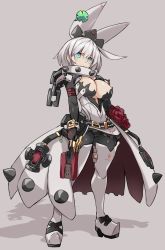 Rule 34 | 1girl, blue eyes, breasts, broken, broken chain, chain, cleavage, elphelt valentine, fingerless gloves, full body, gloves, grey background, guilty gear, guilty gear xrd, gun, highres, holding, holding gun, holding weapon, karukan (monjya), large breasts, short hair, simple background, solo, standing, weapon, white hair