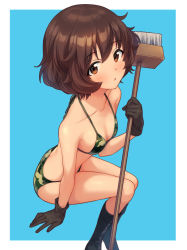 Rule 34 | 1girl, akiyama yukari, asada hachi, bikini, boots, breasts, broom, brown eyes, brown hair, camouflage, camouflage bikini, commentary, girls und panzer, gloves, halterneck, holding, holding broom, invisible chair, looking at viewer, looking up, medium hair, simple background, sitting, small breasts, solo, string bikini, swimsuit