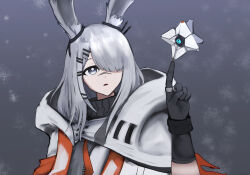 Rule 34 | 1girl, animal ears, arknights, black gloves, chez (m4hche3zy), coat, destiny (game), frostnova (arknights), ghost (destiny), gloves, grey eyes, grey hair, hair ornament, hair over one eye, hairclip, highres, holding, jacket, long hair, rabbit ears, scar, scar on face, scar on nose, shirt, simple background, solo, tagme, white hair