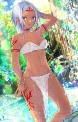 Rule 34 | 1girl, arm tattoo, armor, bathing, blue eyes, bracelet, cloud, collarbone, commentary request, covered erect nipples, dark-skinned female, dark skin, day, earrings, eyes visible through hair, facial tattoo, highres, japanese armor, jewelry, leg tattoo, loincloth, looking at viewer, navel, neck tattoo, original, outdoors, parted lips, see-through, short hair, shoulder tattoo, silver hair, solo, tan, tattoo, toned, tribal, tribal tattoo, tsurugi hikaru, water, wet