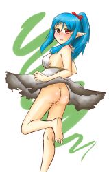 Rule 34 | 1girl, ass, backless dress, backless outfit, barefoot, blue hair, blush, bow, breasts, commission, dirty, dress, elf, feet, from behind, hair bow, halterneck, high ponytail, highres, leg up, looking back, no panties, okamaka, open mouth, original, pointy ears, red eyes, sideboob, soles, solo, toes, torn clothes, transparent background, white dress