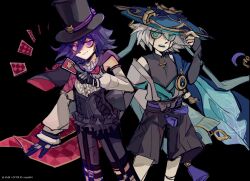 Rule 34 | 2boys, android, armor, black background, black shorts, blush, card, commentary request, cosplay, danganronpa (series), danganronpa v3: killing harmony, feathers, fingernails, flipped hair, frilled shirt, frills, full body, genshin impact, gloves, grey hair, hair between eyes, hand on headwear, hat, highres, holding, holding card, japanese armor, japanese clothes, jingasa, k1-b0, kote, kurokote, lofter username, long sleeves, looking at viewer, lyney (genshin impact), lyney (genshin impact) (cosplay), makeup, male focus, medium hair, mr potassium, multiple boys, off shoulder, oma kokichi, partially fingerless gloves, playing card, purple eyes, sandals, scaramouche (genshin impact), shirt, short hair, shorts, simple background, smile, standing, tassel, teeth, top hat, twitter username, wanderer (genshin impact), wanderer (genshin impact) (cosplay), white hair, zouri