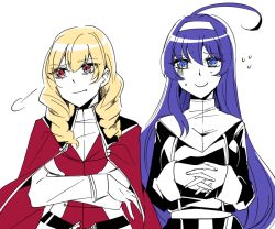 Rule 34 | 2girls, ahoge, awkward, blonde hair, blue eyes, blue hair, breasts, cape, crossed arms, dress, drill hair, embarrassed, erika wagner, hairband, huge ahoge, long hair, looking at another, looking away, medium breasts, multiple girls, nun, orie ballardiae harada, own hands together, red eyes, s2cikn (yuzu), small breasts, smile, sweat, twin drills, twintails, under night in-birth, very long hair, white hairband
